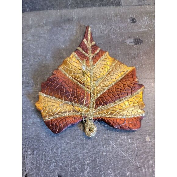 Striped Brown Leaf fall glitter ornament Xmas decor - Picture 1 of 3